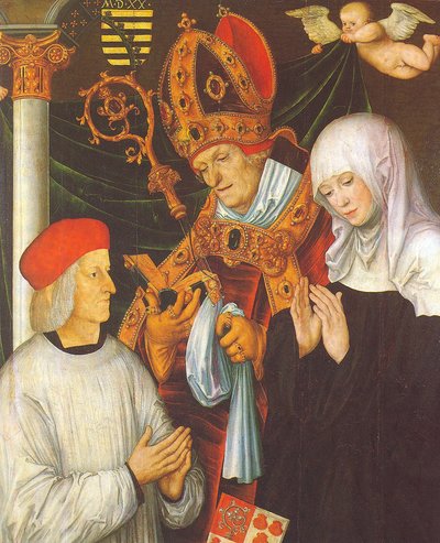 Gabriel von Eyb, Bisschop van Eichstätt, met de Heiligen Willibald en Walburga door Lucas Cranach the Elder